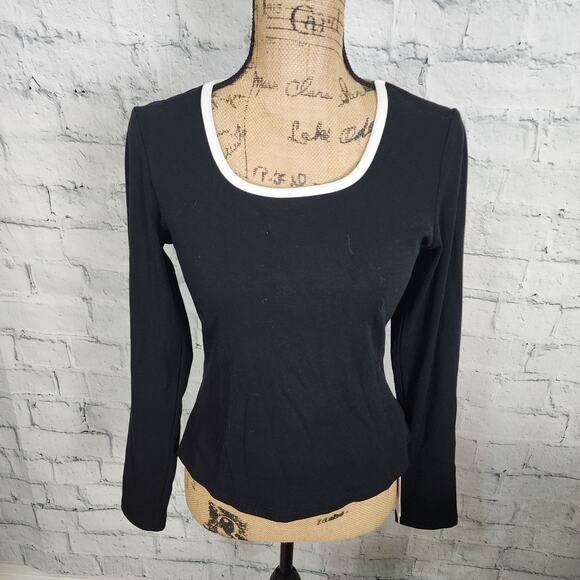 Commense Sweater top Sz L ribbed long sleeve black scoop neck A3 - Picture 1 of 4